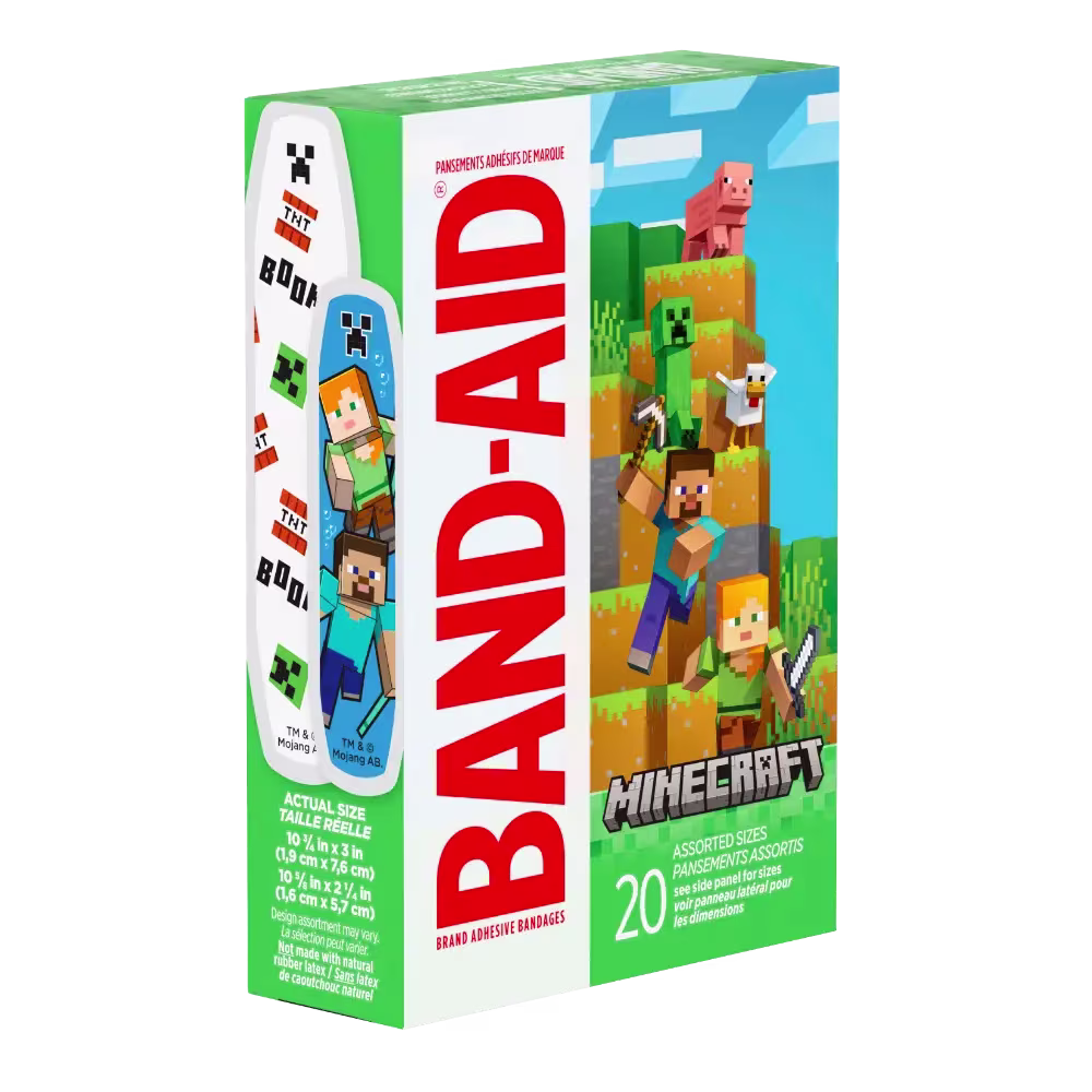 Behold, a box of Band-Aid brand adhesive bandages, dressed in the vibrant hues of Minecraft, with Steve, Alex, a Creeper, and a pixelated pig gracing the cover. Inside, you'll find 20 assorted sizes of bandages, ready for any adventure.