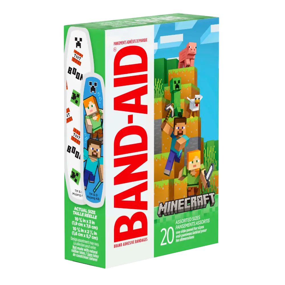 Behold, a box of Band-Aid brand adhesive bandages, dressed in the vibrant hues of Minecraft, with Steve, Alex, a Creeper, and a pixelated pig gracing the cover. Inside, you'll find 20 assorted sizes of bandages, ready for any adventure.