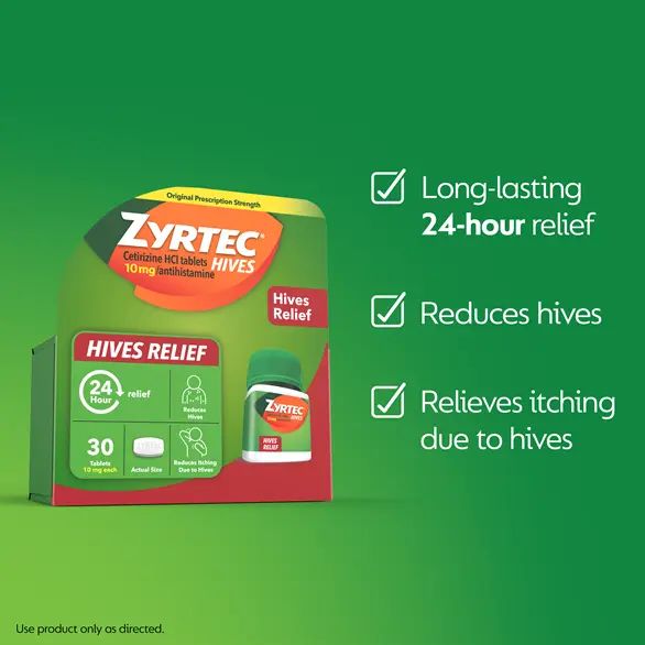 ZYRTEC® Hives Relief Tablets have 24-hour long lasting relief