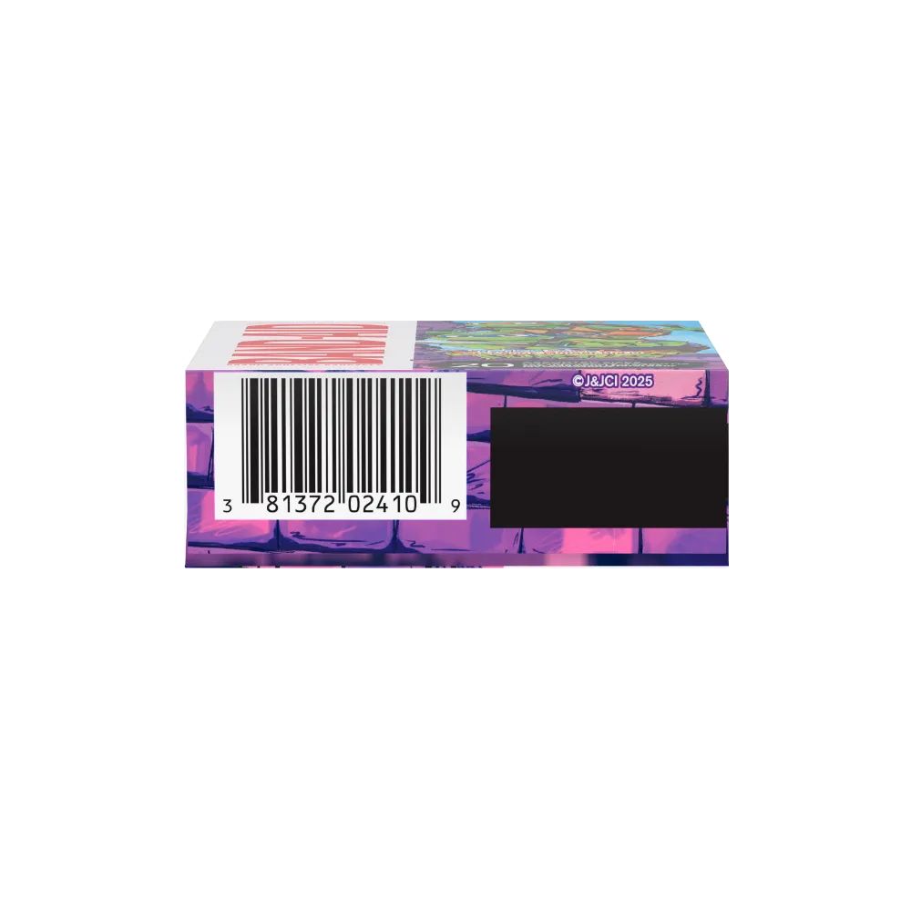 Zooming in on the box's base, we see a barcode (3 81372"02410 9) and a hint of a blacked-out section, probably concealing more details. The box is adorned with a vibrant purple and pink motif.