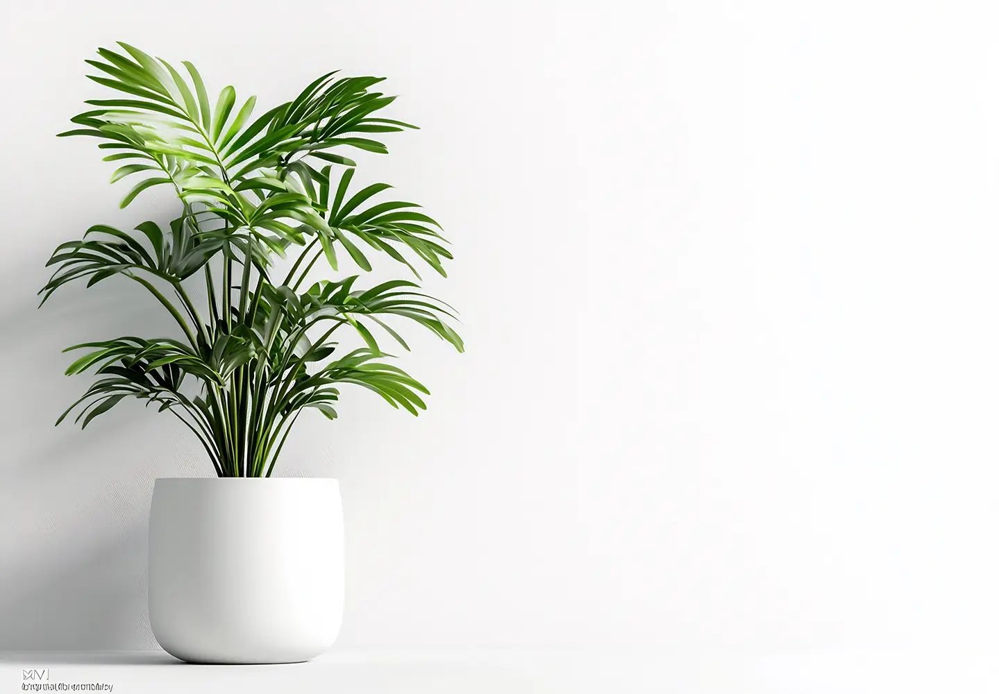 Lady palm plant in a sleek white pot against a minimalist white wall.