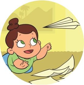 Illustration of a child crawling on the floor reaching for a paper airplane with scattered paper around, and the text 'Their skin is paper thin' is displayed next to them.