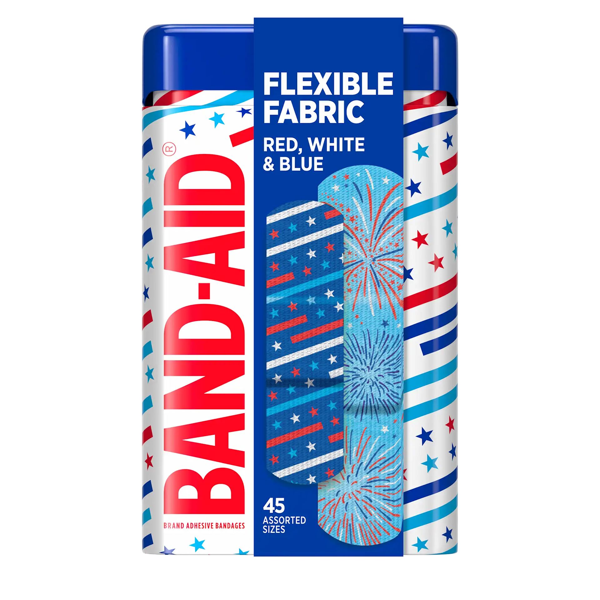 Front pack shot of BAND-AID® Brand Flexible Fabric Stars n Stripes Tin 45ct