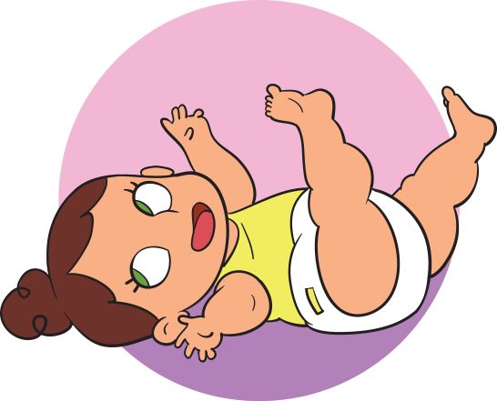 Illustration of a baby with brown hair in a bun, wearing a yellow tank top and a white diaper, lying on a pink and purple circular background.