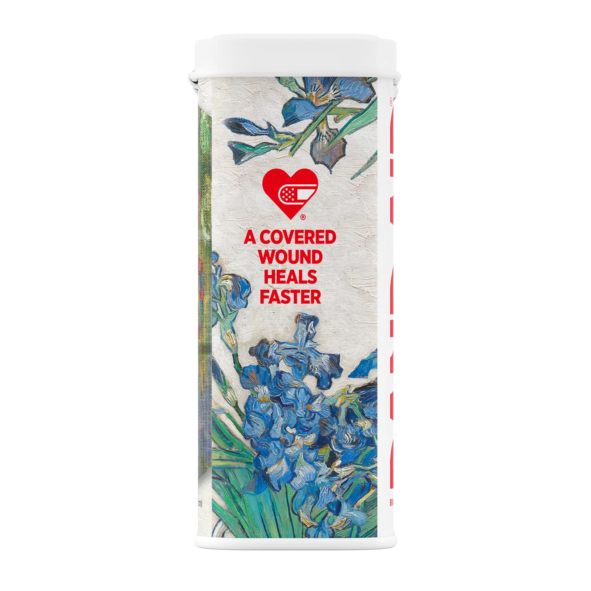 BAB USA US 381372026325 120263300 650816 Flex Fab Tin Met VanGogh 50ct 00090 Left Side pack shot of BAND-AID® Brand Adhesive Bandages, Paintings by Monet, Redon & Van Gogh, Assorted 50 ct