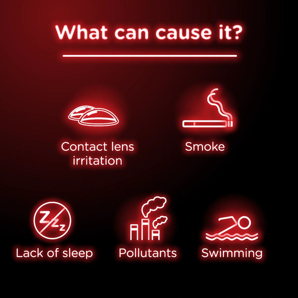 What can cause it? Contact lens irritation, smoke, lack of sleep, pollutants, and swimming