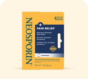 Neosporin Pain Relief ointment packaging, highlighting maximum strength pain relief, 24-hour infection protection, and a no-sting formula for soothing cuts, scrapes, and burns.