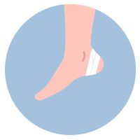 Illustration of a foot with a bandage wrapped around the heel, demonstrating proper care for a blister.