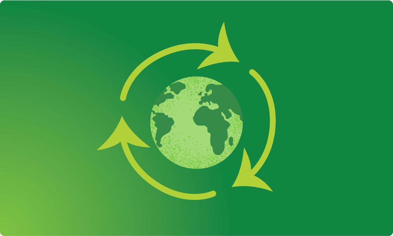 Illustration of the Earth surrounded by green recycling arrows on a vibrant green background.