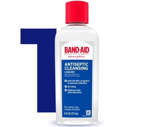 Step 1 is to clean your wound with an antiseptic, like BAND-AID® Brand Pain Relieving Antiseptic Cleansing Liquid