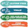 Product is Gluten Free, Vegan, 100% Aloe as the first ingredient, and uses pure coconut oil