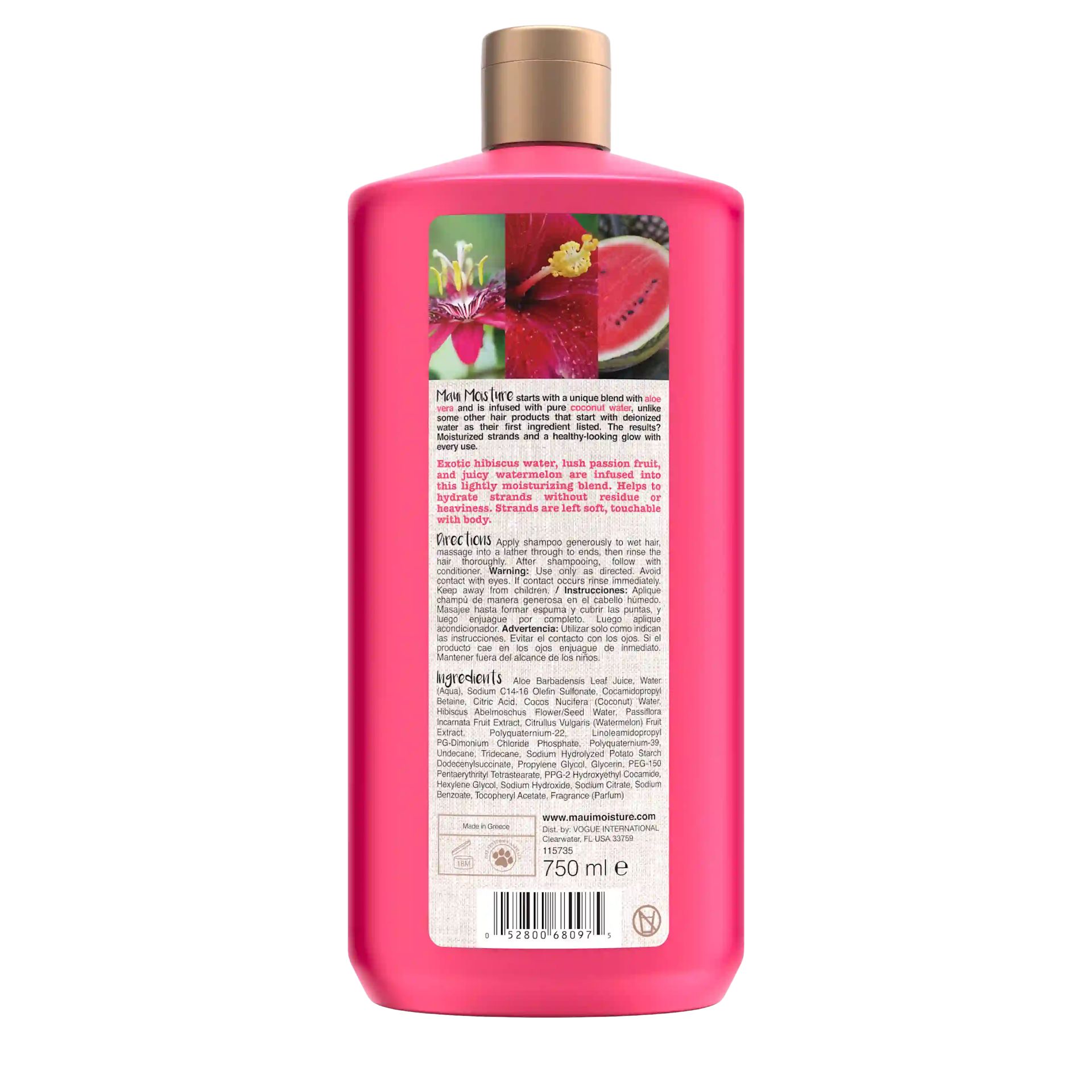 Maui Moisture® Lightweight Hydration + Hibiscus Water Shampoo 25.4 fl oz Back of Packaging