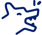 Outline drawing of an animal, possibly a dog, with an open mouth, representing a bite from animals or humans, which requires medical attention.