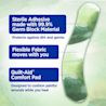 These bandages are made with a sterile adhesive, flexible fabric, and a quilt-aid comfort pad