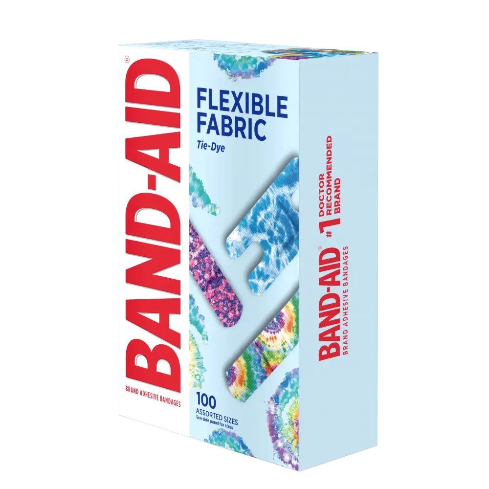 A box of 100 Band-Aid Brand adhesive bandages. The bandages are flexible fabric with a tie-dye pattern in assorted colors and sizes