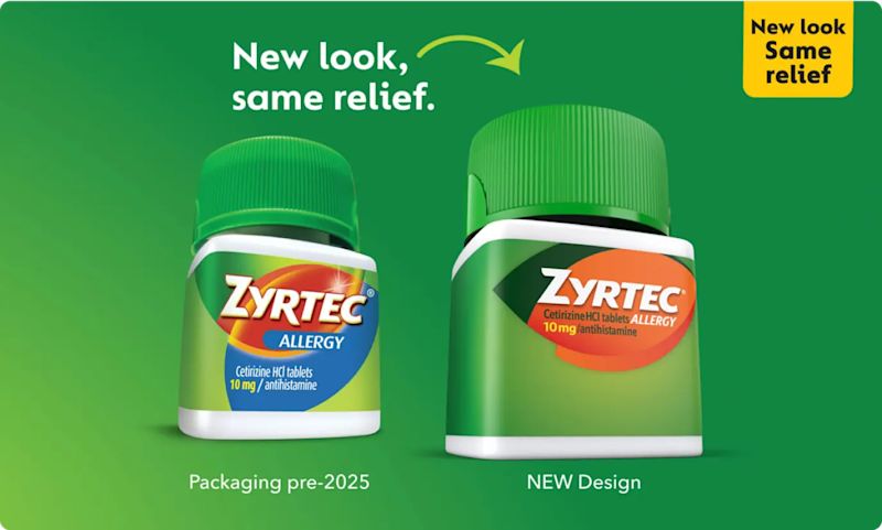 Comparison of Zyrtec packaging before and after, text 'New look, same relief' on green background