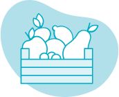 Illustration of a crate filled with various fruits and vegetables, emphasizing the importance of eating well and regularly as part of post-surgery recovery.
