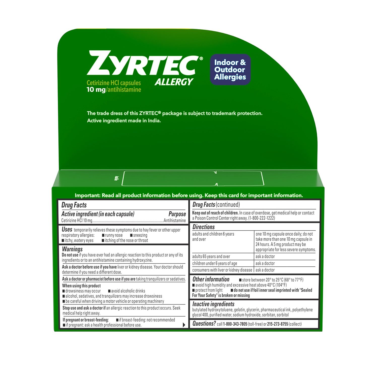 ZYRTEC® Allergy Relief Liquid Gels 25 count Back of the pack