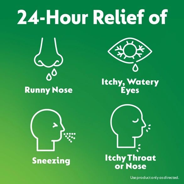 Green background and text "24-hour relief of" graphics: runny nose, sneezing, itchy eyes/nose/throat
