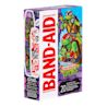 Behold, a box of Band-Aid brand adhesive bandages with the coolest Teenage Mutant Ninja Turtles graphics, showing you the actual size of the bandages. It's a mix of sizes, and the packaging is bursting with the vibrant artwork of Donatello and Raphael.
