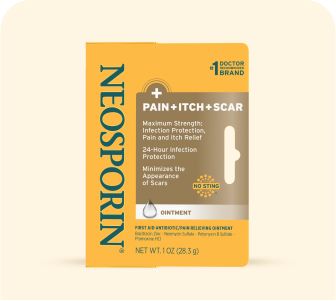 Neosporin Pain, Itch, Scar 1 oz ointment packaging, highlighting 24-hour infection protection, maximum strength pain and itch relief, and scar appearance minimization.