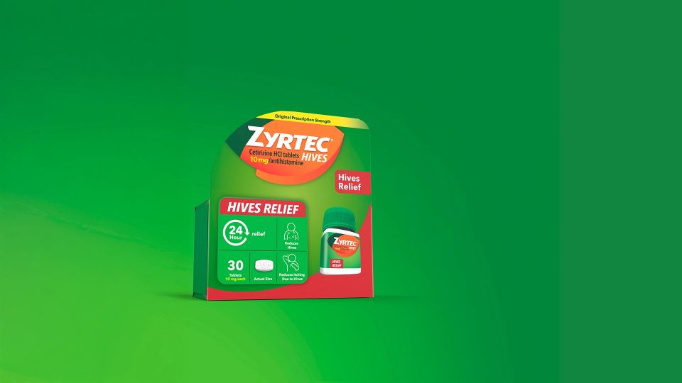 Product pack shot of ZYRTEC® Hives Relief Tabs