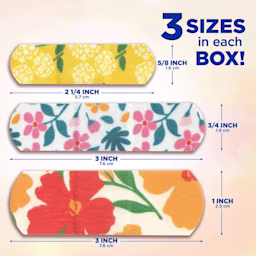 Measurements of the three different bandage sizes that come in each box