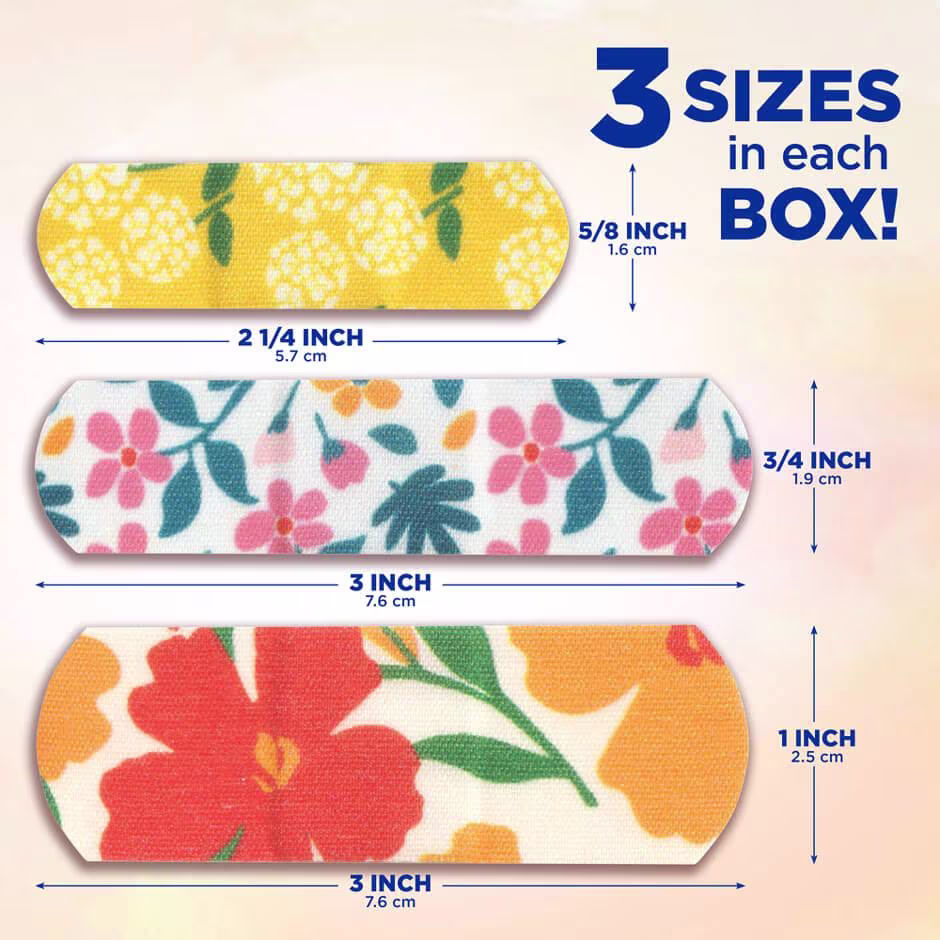 Measurements of the three different bandage sizes that come in each box