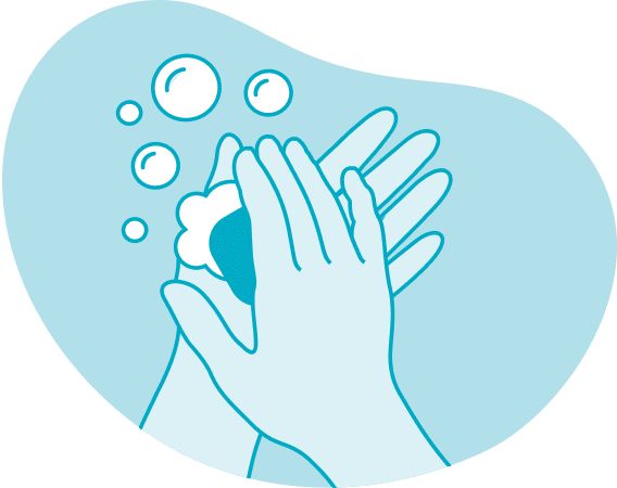 Illustration of hands being washed with soap and water, showing bubbles forming around the hands.