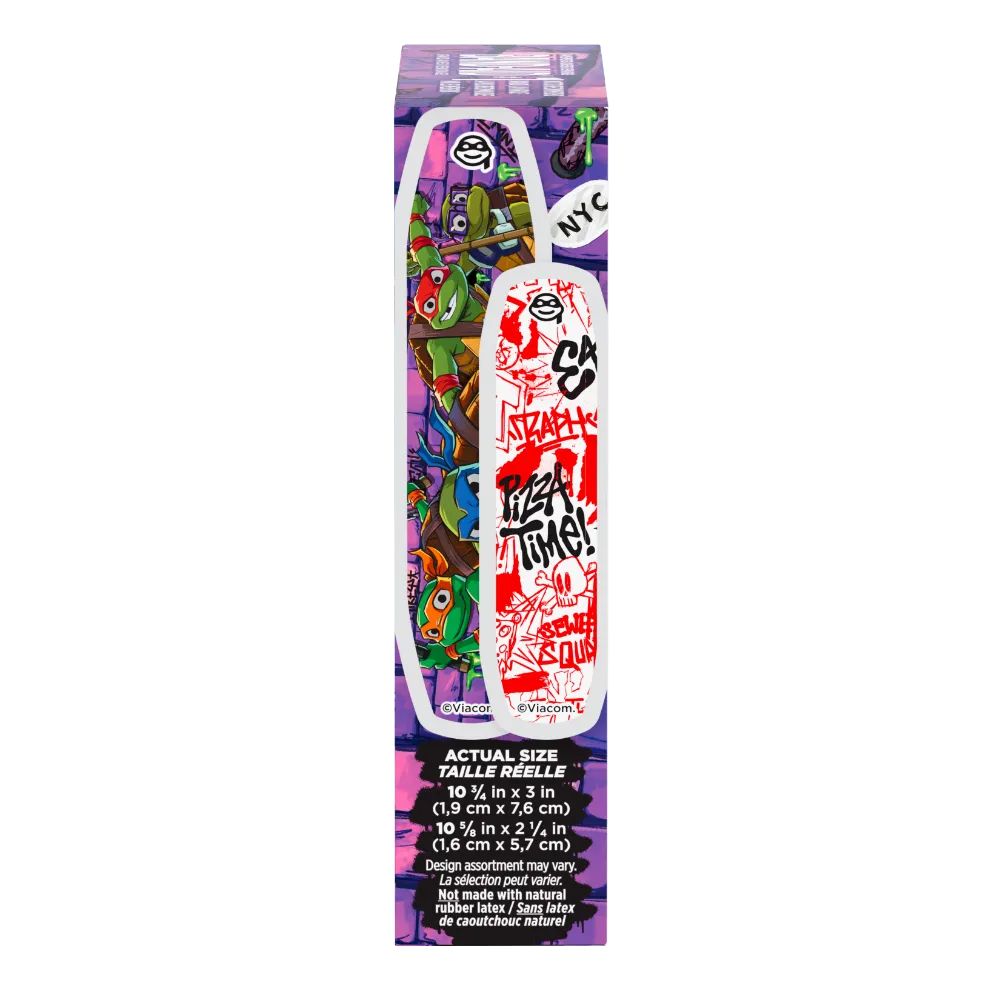 Teenage Mutant Ninja Turtles (TMNT) pen, in a purple box with the TMNT graffiti art. The box is shouting "Pizza Time!" and gives you different size: 10 ¾ in x 3 in (1.9 cm x 7.6 cm), 10 ½ in x 2 ¼ in (1.6 cm x 5.7 cm). It’s totally latex-free.