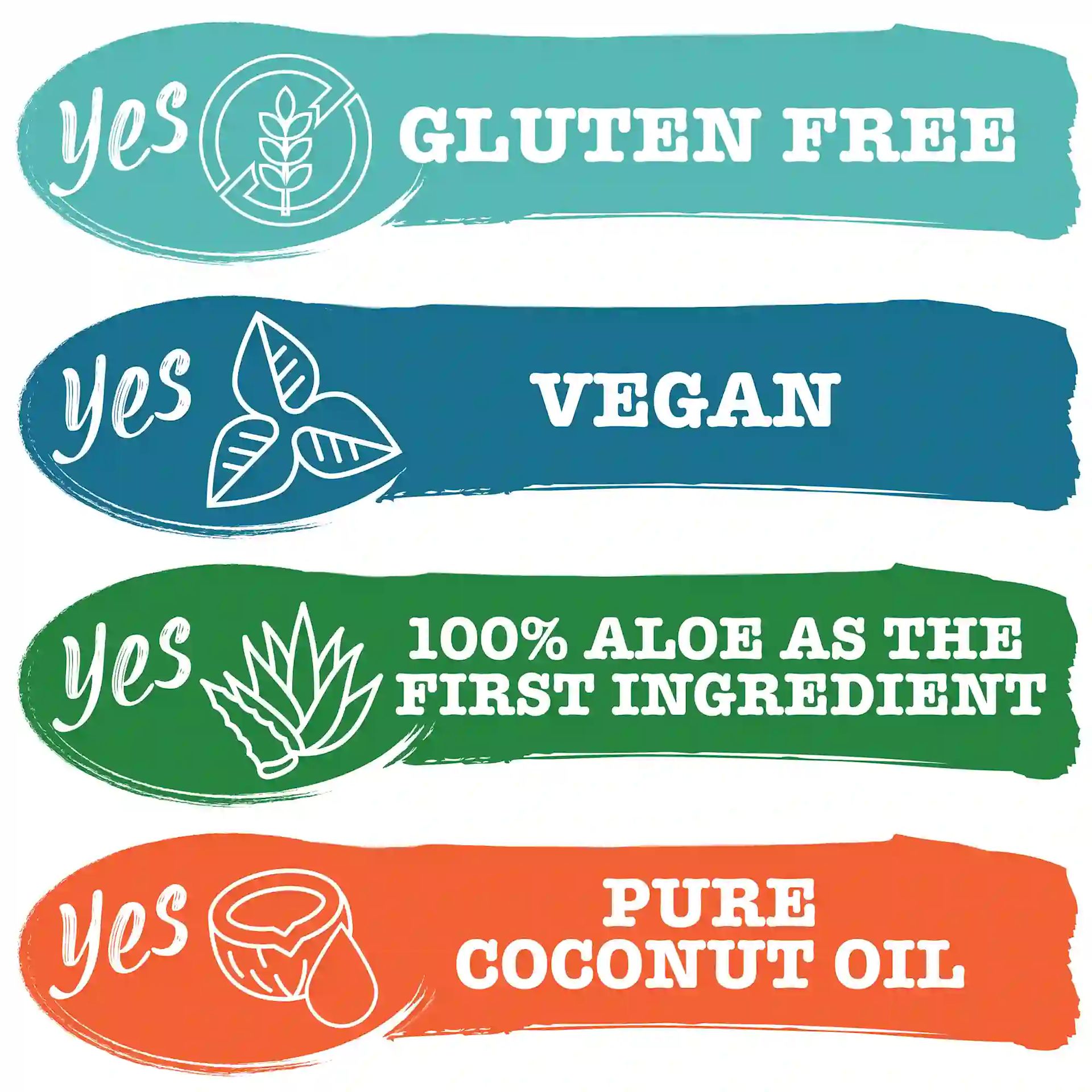 Product is Gluten Free, Vegan, 100% Aloe as the first ingredient, and uses pure coconut oil