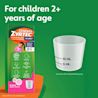 Children's ZYRTEC® Bubble Gum Syrup packaging on green background next to a dosing cup with the text "For children 2+ years of age"