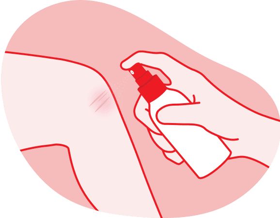The image shows a hand applying antiseptic spray to a small wound on a leg, emphasizing the importance of proper wound cleaning to prevent infection.