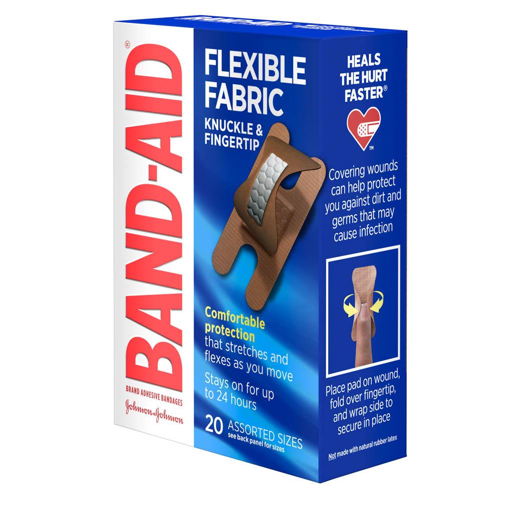 Box of BAND-AID Flexible Fabric Adhesive Bandages for knuckles and fingertips. Includes 20 assorted sizes, provides comfortable protection for up to 24 hours, and helps heal wounds. Features an image of the bandage and instructions for use.