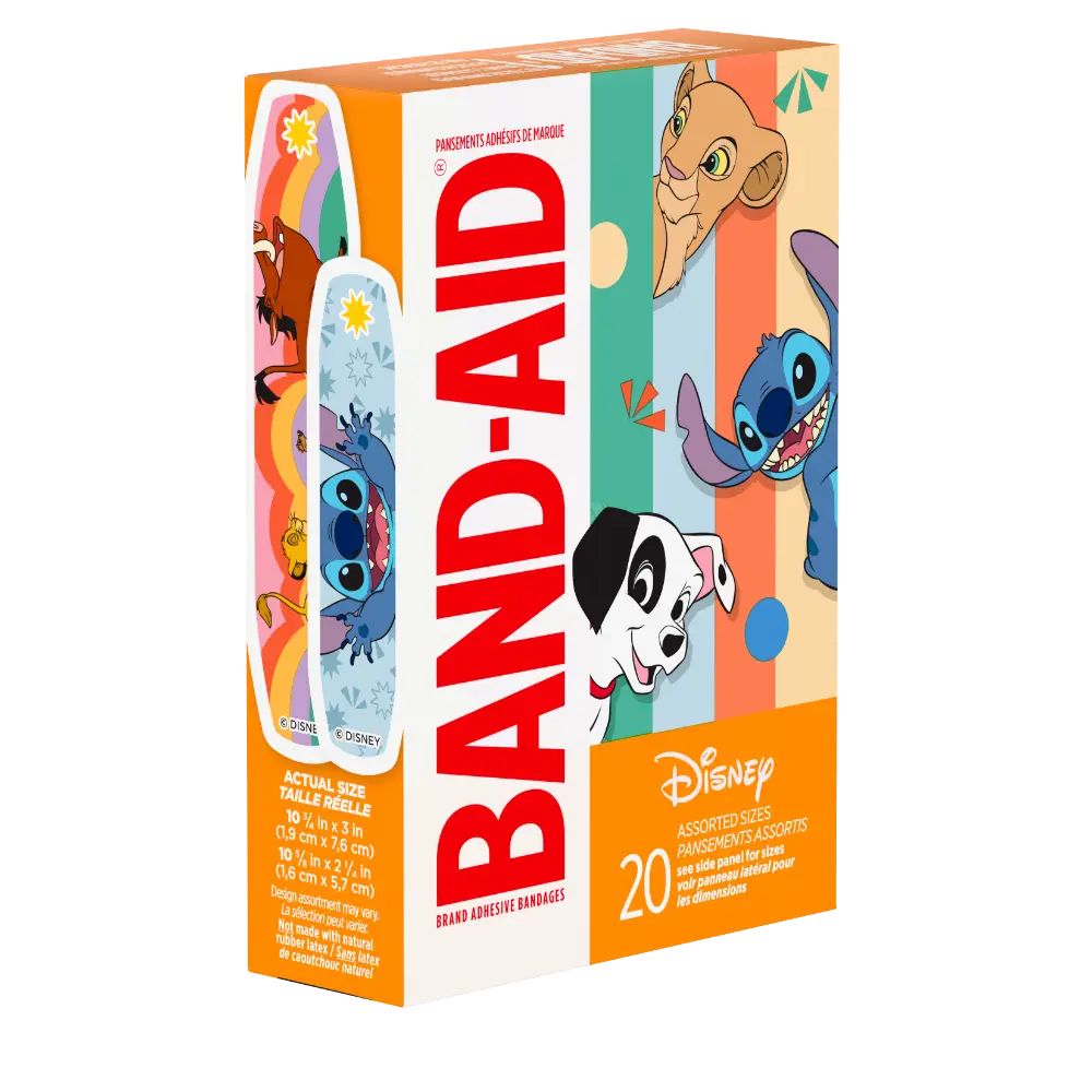 a box of 20 Band-Aid ® brand adhesive bandages, each one tribute to Simba from The Lion King, Stitch from Lilo & Stitch, and Pongo from 101 Dalmatians