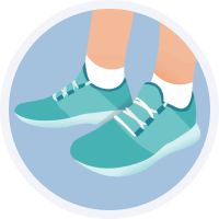 Illustration of feet wearing teal running shoes and white socks, emphasizing proper footwear to prevent blisters on the soles of feet.