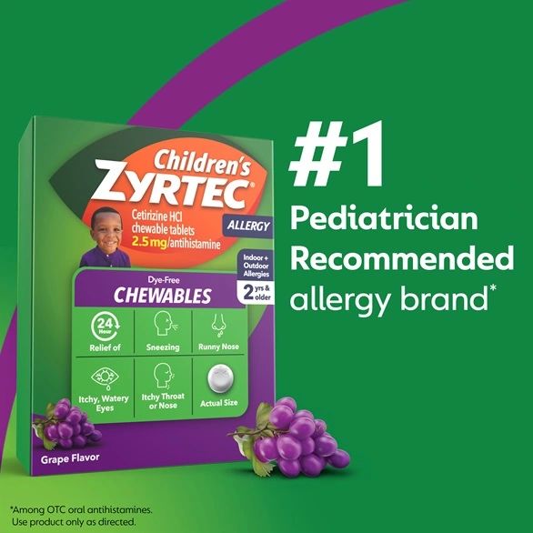 Children's ZYRTEC® Chewables pack, grapes image, text "#1 pediatrician recommended allergy brand"