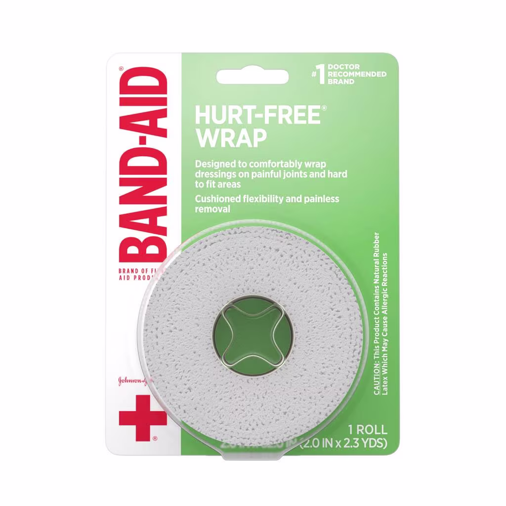 Band-Aid Hurt-Free Wrap designed for comfortable wrapping of dressings on painful joints and hard-to-fit areas. The packaging highlights that it provides cushioned flexibility and painless removal.