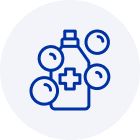 Icon of a bottle with a cross symbol surrounded by bubbles, representing antiseptic wash or cleaning solution.