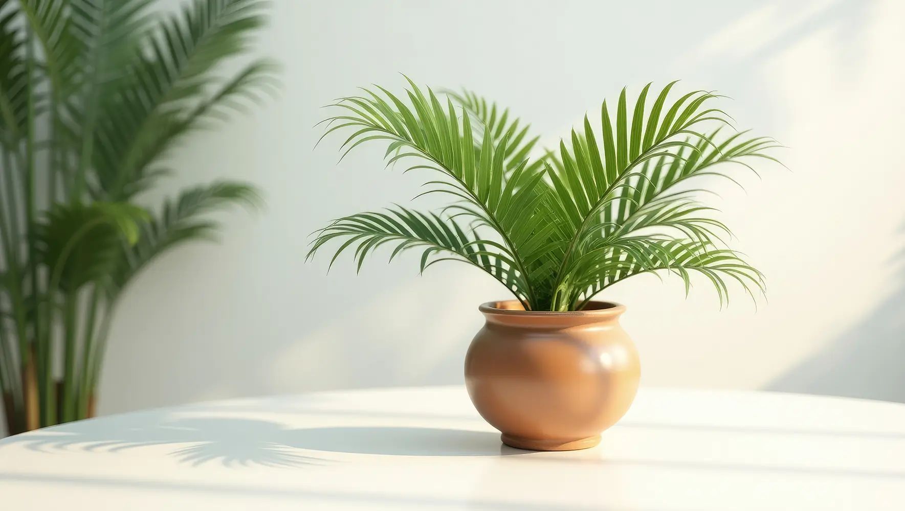An areca palm plant in a decorative pot, placed on a white table with sunlight casting soft shadows