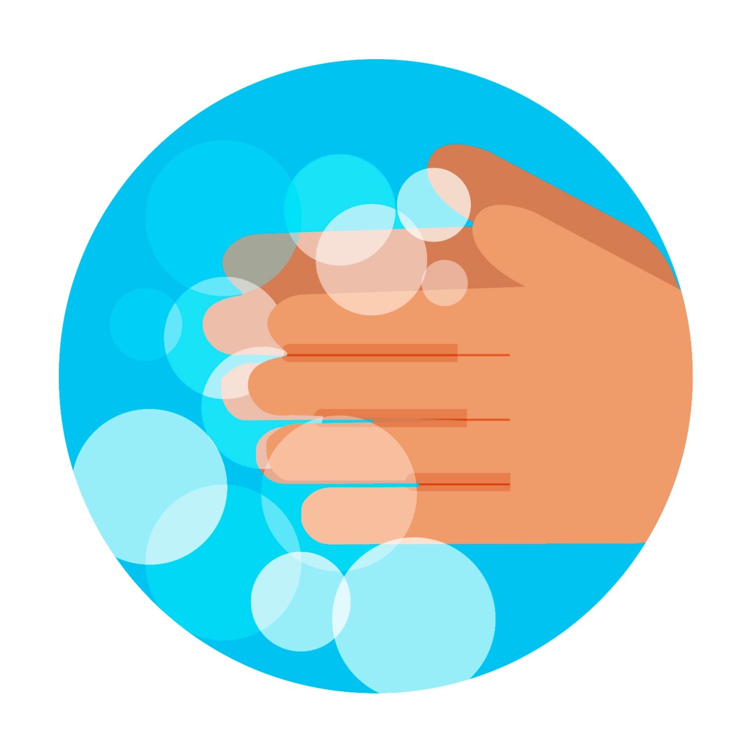 Illustration of hands being washed with soap and water, showing bubbles forming around the hands.