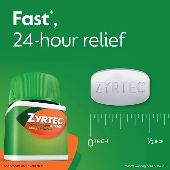ZYRTEC® Allergy Relief Tablets provide fast (starts working hard at hour 1) 24-hour relief