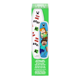 Behold, a profile shot of Minecraft bandages. A green box, decked with images of Steve and Alex, houses these 10 3/8 inches by 3 inches and 10 5/8 inches by 2 1/4 inches, latex-free strips.