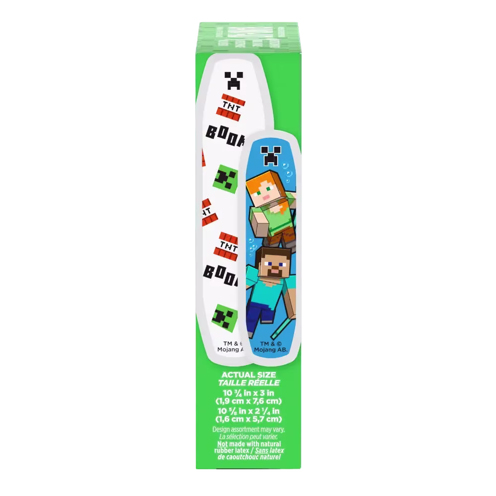 Behold, a profile shot of Minecraft bandages. A green box, decked with images of Steve and Alex, houses these 10 3/8 inches by 3 inches and 10 5/8 inches by 2 1/4 inches, latex-free strips.
