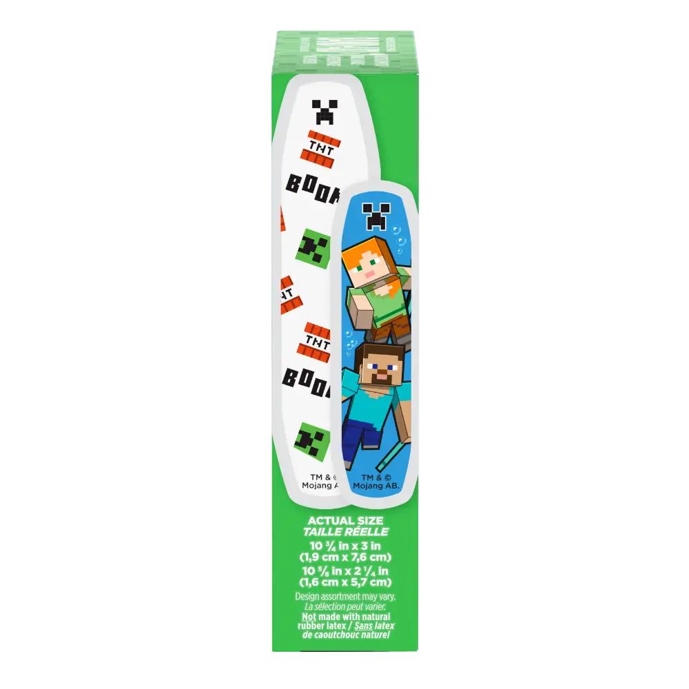 Behold, a profile shot of Minecraft bandages. A green box, decked with images of Steve and Alex, houses these 10 3/8 inches by 3 inches and 10 5/8 inches by 2 1/4 inches, latex-free strips.