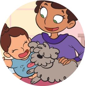 Illustration of an adult smiling while hugging a smiling baby and a dog on a pink bed, with a light pink background and a window in the back. Next to it, a text saying "they have less hair.