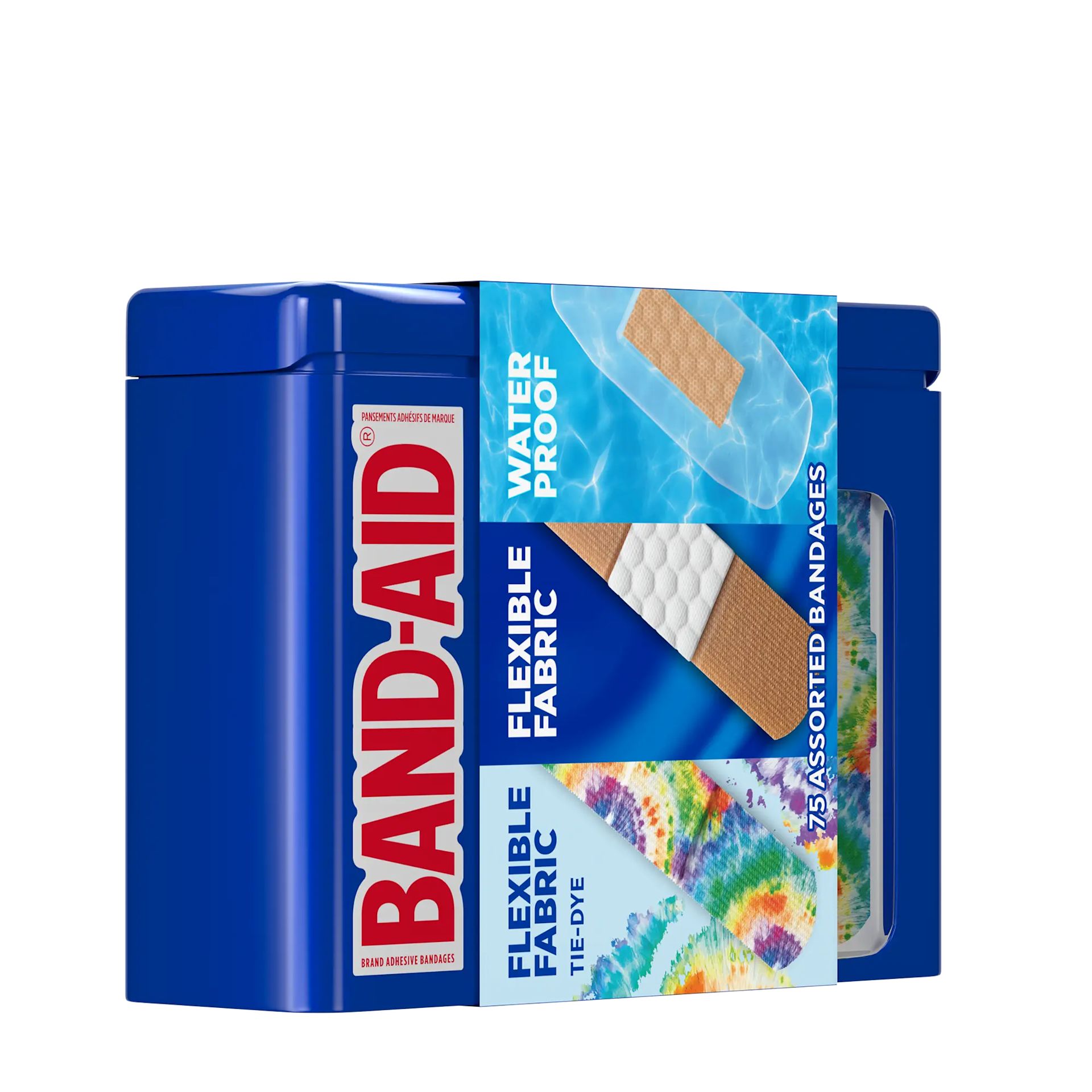 BAB USA US 381372026301 120263000 650614 Assorted Bandages Tin 75ct 00045 Side pack shot of BAND-AID® Brand Variety Pack, Assorted Tin 75ct