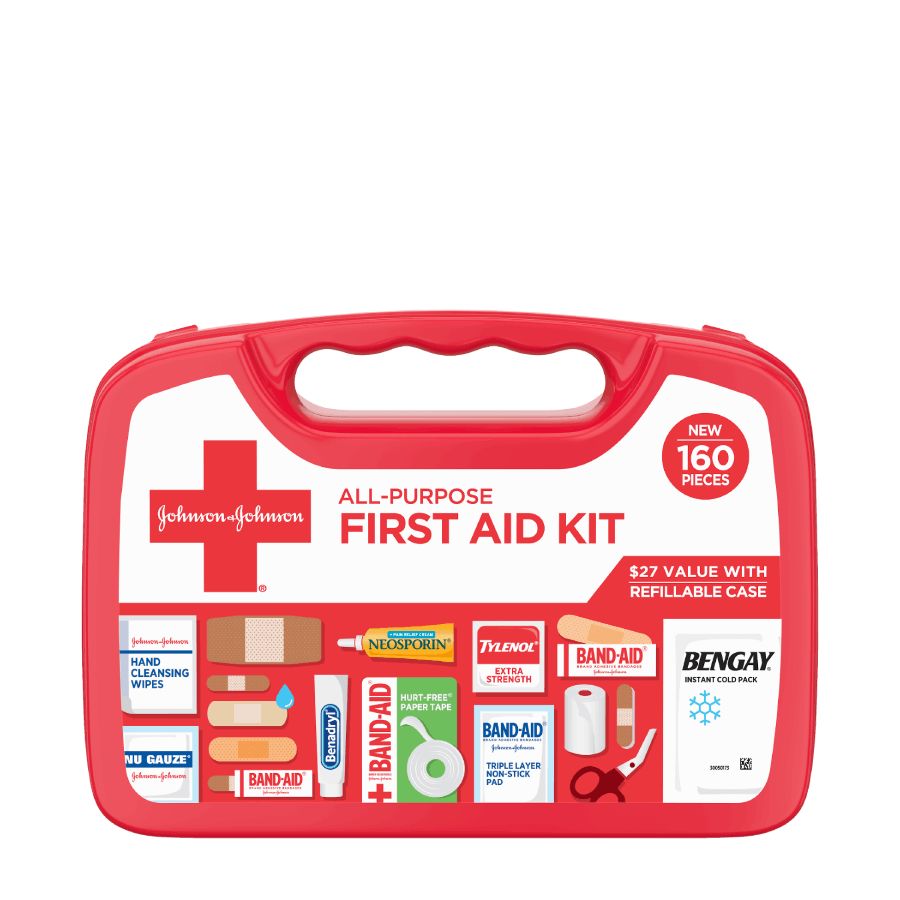 Red Band-Aid Brand all-purpose first aid kit containing 160 pieces, including Band-Aid bandages, Neosporin, Tylenol, Bengay, and first aid essentials in a refillable case