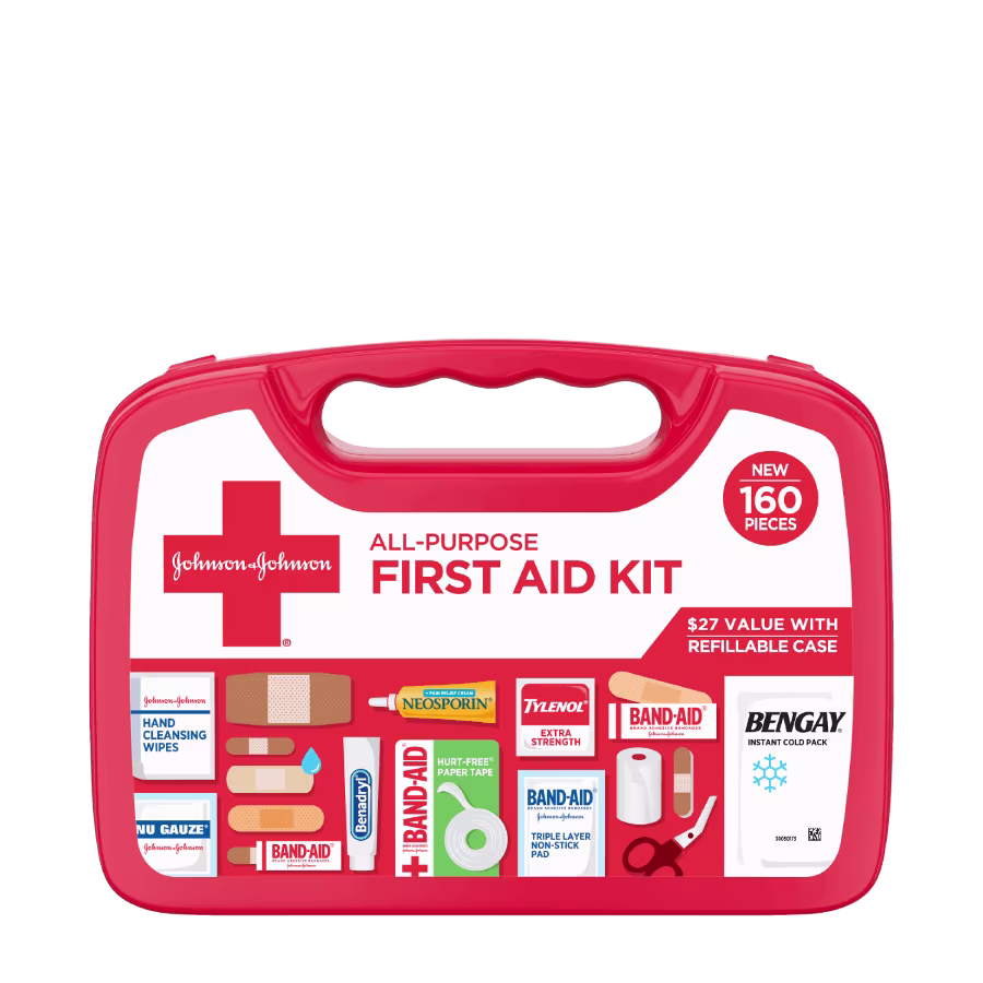 Red Band-Aid Brand all-purpose first aid kit containing 160 pieces, including Band-Aid bandages, Neosporin, Tylenol, Bengay, and first aid essentials in a refillable case