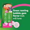 Children's ZYRTEC® Bubble Gum Syrup on green background with the text "Great tasting bubble gum flavor kids will love"